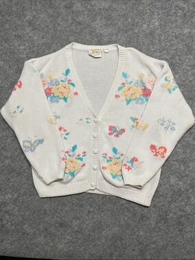 '80s Cream Floral Knit Cardigan Sweater Butterfly Intarsia